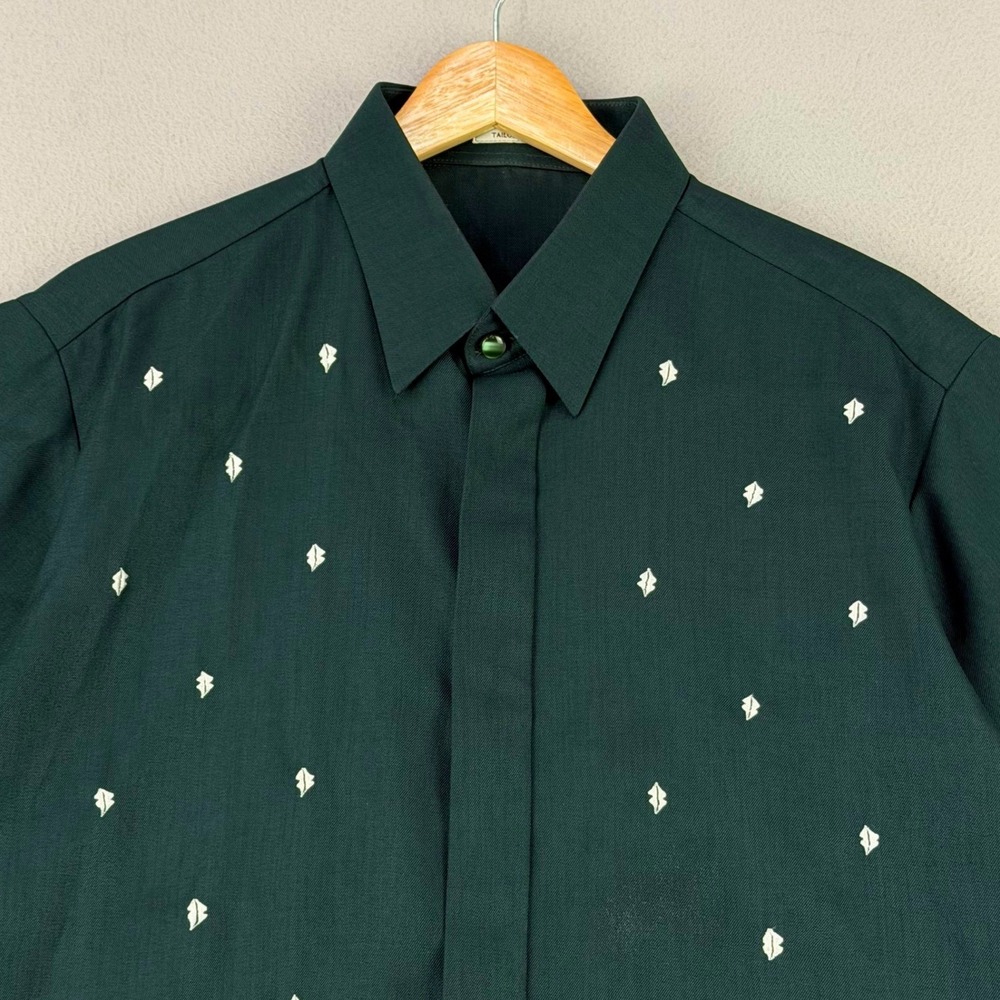 Vintage 70s Button Up Shirt Men Large Green Barong Embroidered Leaf Floral Retro